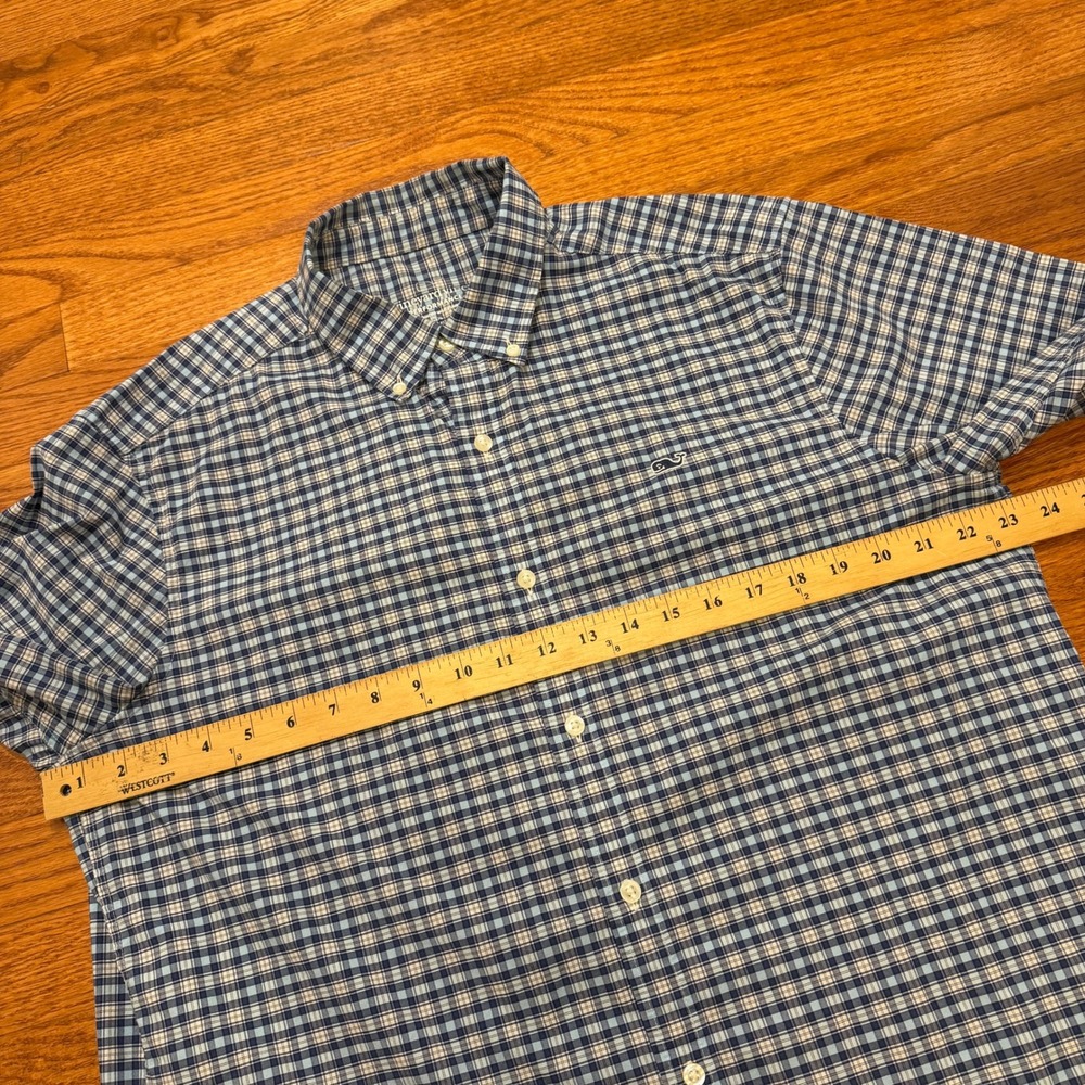 Vineyard Vines Performance Button Down Shirt Mens Large Stretch Blue Check Whale - Picture 6 of 8